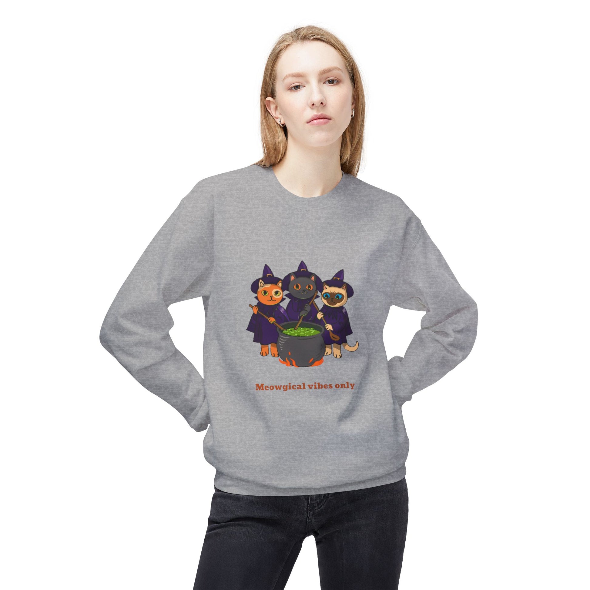 Whimsical Halloween Cat Crewneck Sweatshirt, Cozy Fall Fashion, Pumpkin Spice Sweater, Cute Cat Lovers Gift, Spooky Season Apparel - MaisonThreadory