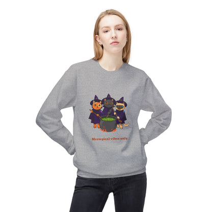 Whimsical Halloween Cat Crewneck Sweatshirt, Cozy Fall Fashion, Pumpkin Spice Sweater, Cute Cat Lovers Gift, Spooky Season Apparel - MaisonThreadory