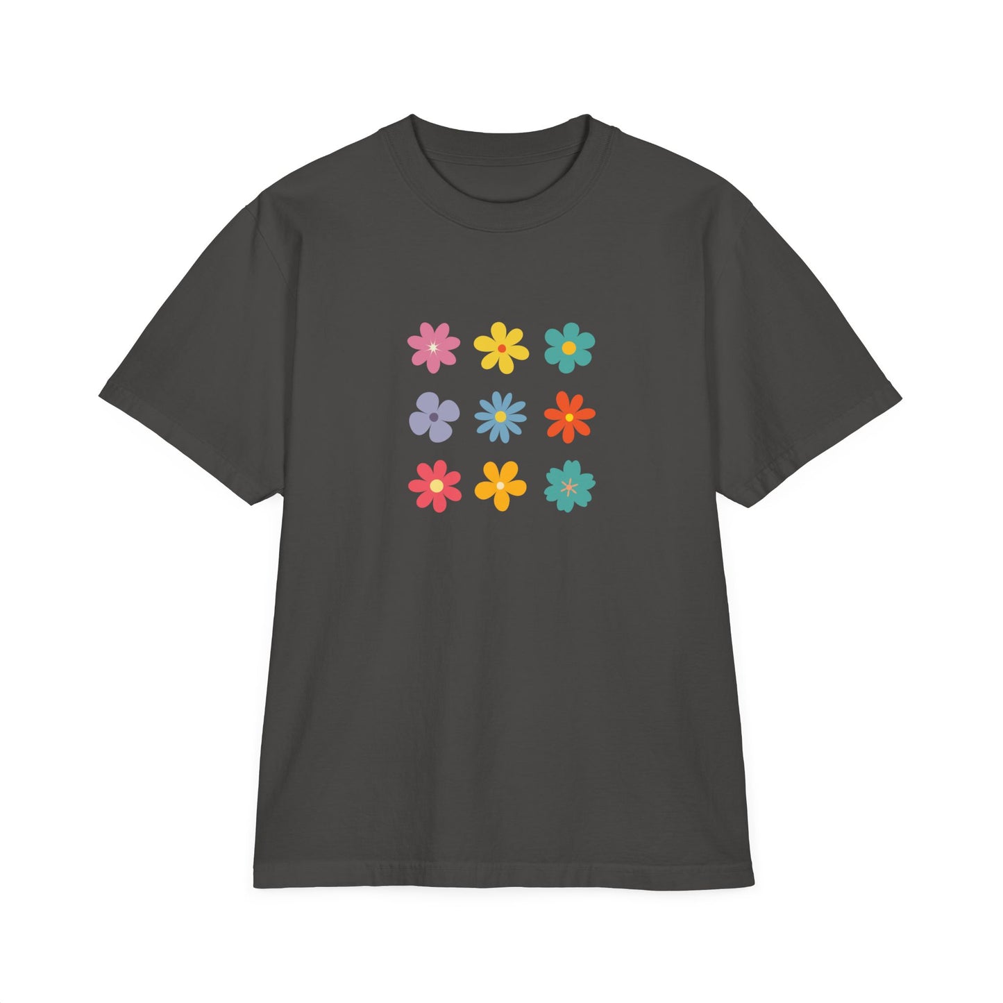 Floral Grid Tee — Colorful Retro Flowers Graphic T-Shirt