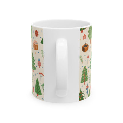 Christmas Trees & Ornaments Ceramic Mug — Festive Holiday Pattern (11oz/15oz)