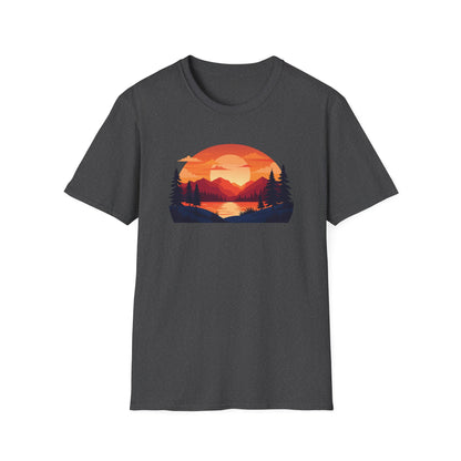 Sunset Mountain Lake T-Shirt — Retro Nature Graphic Tee for Outdoors Lovers