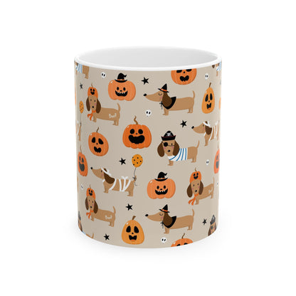 Halloween Dachshund Mug, Pumpkin Decor, Fall Coffee Cup, Dog Lover Gift, Holiday Kitchenware, Cute Dachshund Design