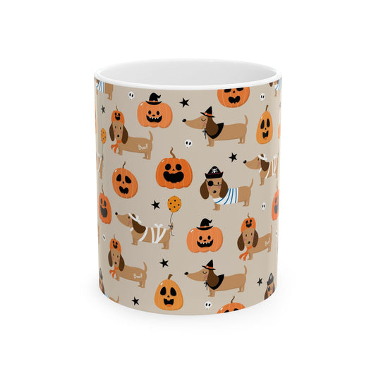 Halloween Dachshund Mug, Pumpkin Decor, Fall Coffee Cup, Dog Lover Gift, Holiday Kitchenware, Cute Dachshund Design