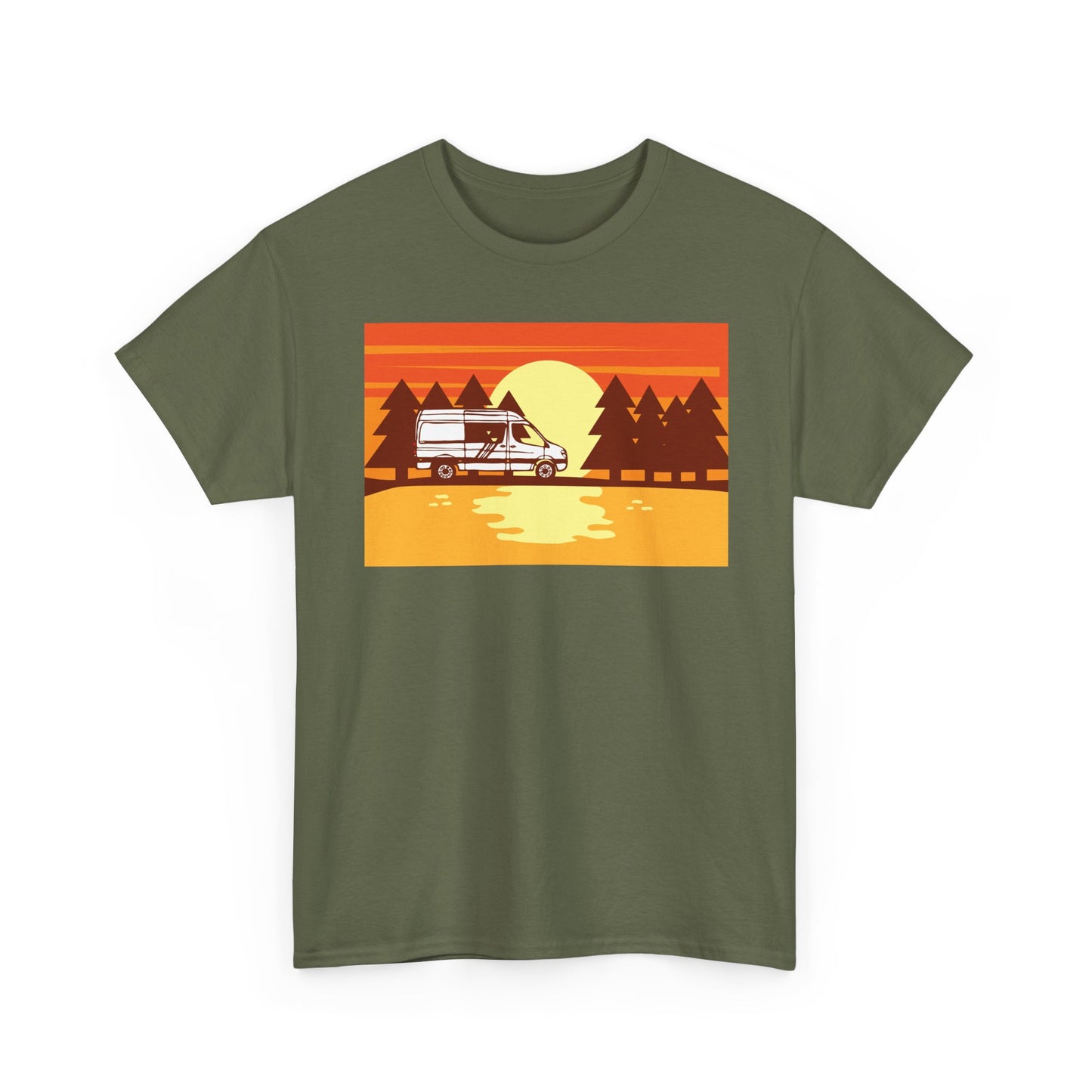 Retro Sunset Camper Unisex Heavy Cotton Tee, Vintage T-Shirt, Camping Apparel, Summer Shirt, Gift for Travel Lovers - MaisonThreadory
