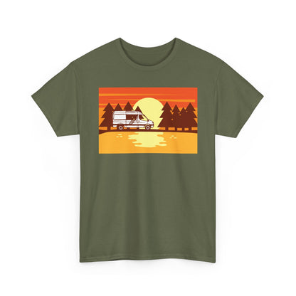 Retro Sunset Camper Unisex Heavy Cotton Tee, Vintage T-Shirt, Camping Apparel, Summer Shirt, Gift for Travel Lovers - MaisonThreadory