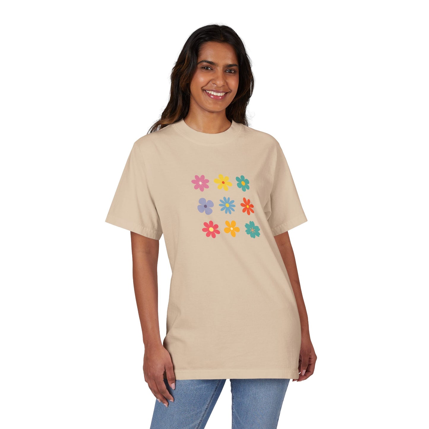 Floral Grid Tee — Colorful Retro Flowers Graphic T-Shirt