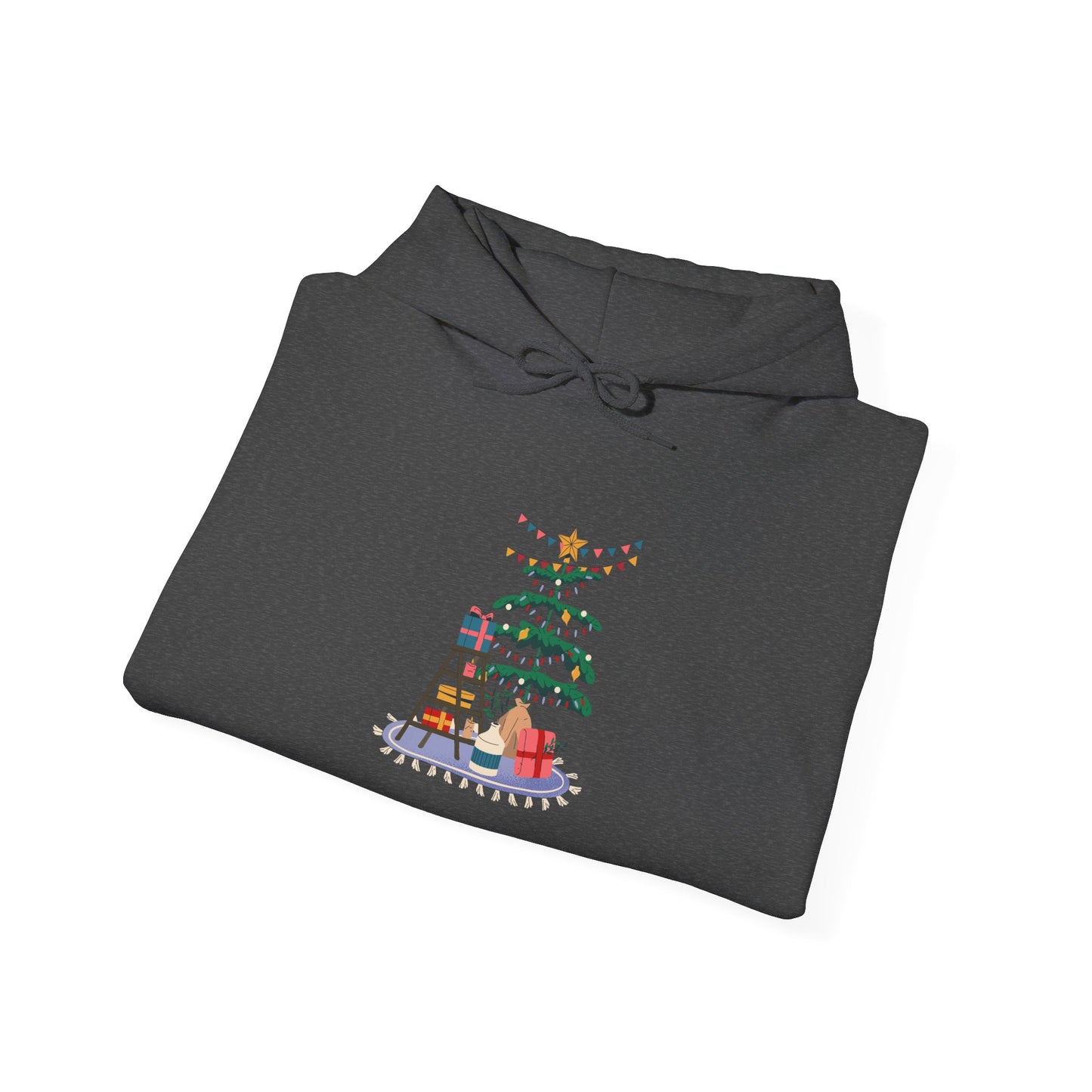 Christmas Tree Decorating Hoodie — Cozy Holiday Scene with Presents & String Lights