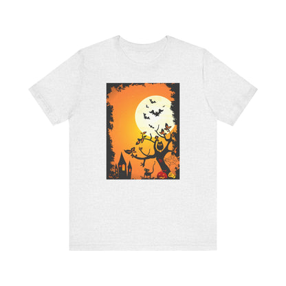 Halloween-Themed Unisex Tee, Spooky T-Shirt, Graphic Halloween Shirt, Fall Apparel, October Celebrations, Pumpkin and Bat Design