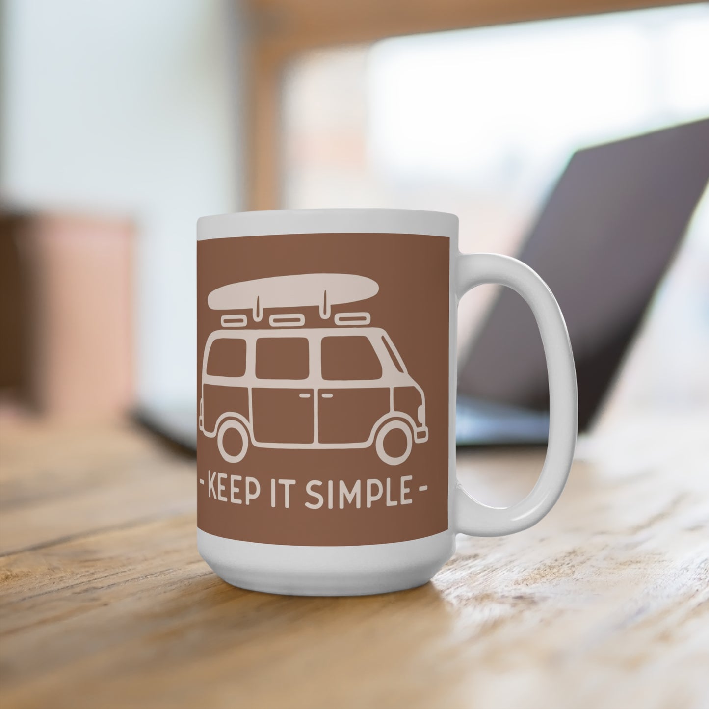 Bohemian Surf Mug with 'Keep It Simple' Design | 15oz Coffee Cup, Gift for Surfers, Beach Lovers, Road Trip Enthusiasts, Summer Vibes - MaisonThreadory