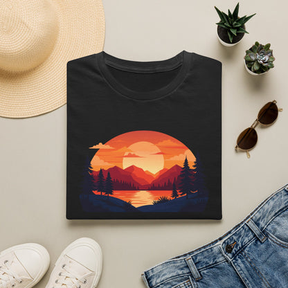 Sunset Mountain Lake T-Shirt — Retro Nature Graphic Tee for Outdoors Lovers