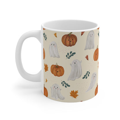 Autumn Ghosts Mug, Fall Coffee Cup, Halloween Drinkware, Cute Pumpkin Mug, Seasonal Ceramic Mug - MaisonThreadory