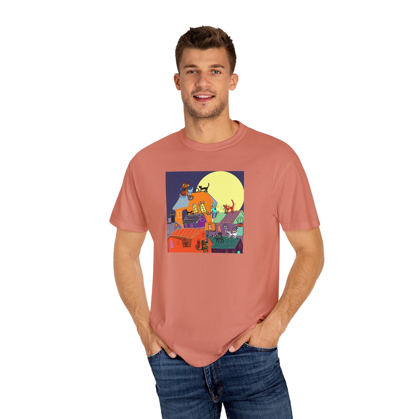 Moonlit Canine Adventure T-Shirt, Unisex Dog Lover Tee, Garment-Dyed Graphic Top, Pet-Themed Gift, Casual Wear