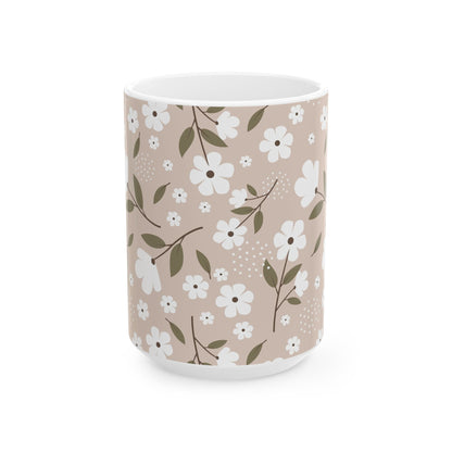 Floral Beige Ceramic Mug — White Blossom Pattern Coffee Cup (11oz & 15oz)