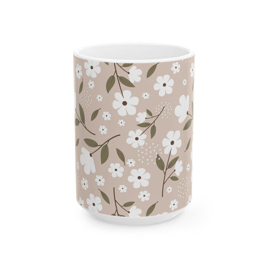 Floral Beige Ceramic Mug — White Blossom Pattern Coffee Cup (11oz & 15oz)