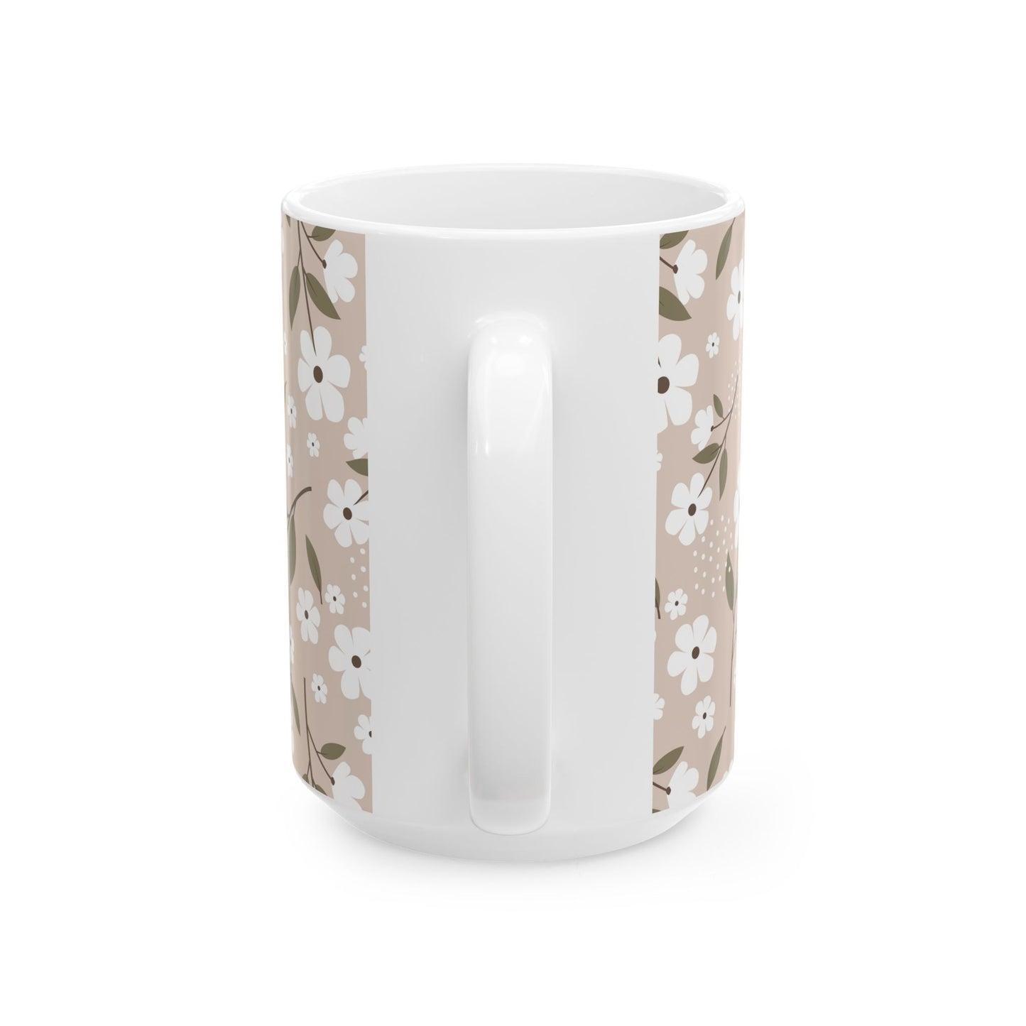 Floral Beige Ceramic Mug — White Blossom Pattern Coffee Cup (11oz & 15oz)