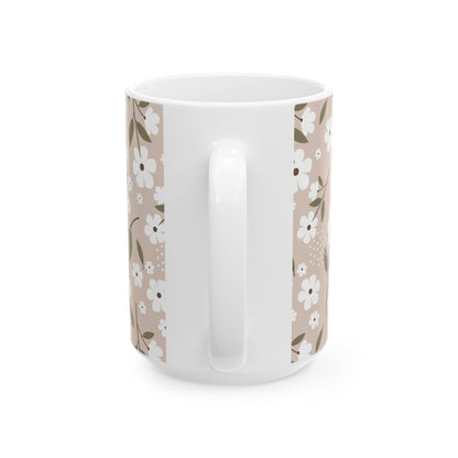 Floral Beige Ceramic Mug — White Blossom Pattern Coffee Cup (11oz & 15oz)