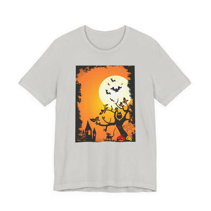 Halloween-Themed Unisex Tee, Spooky T-Shirt, Graphic Halloween Shirt, Fall Apparel, October Celebrations, Pumpkin and Bat Design