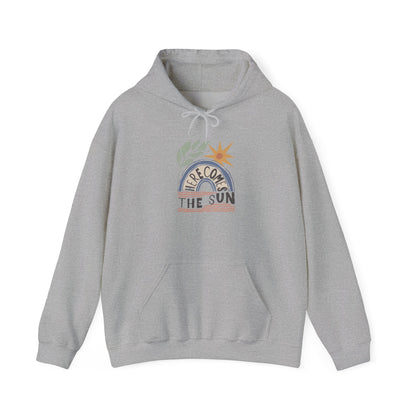 Retro Sunrise Hoodie — "Fire Comes From The Sun" Cozy Sun Graphic Sweatshirt
