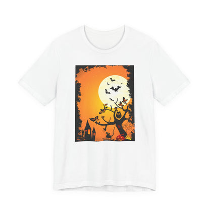 Halloween-Themed Unisex Tee, Spooky T-Shirt, Graphic Halloween Shirt, Fall Apparel, October Celebrations, Pumpkin and Bat Design