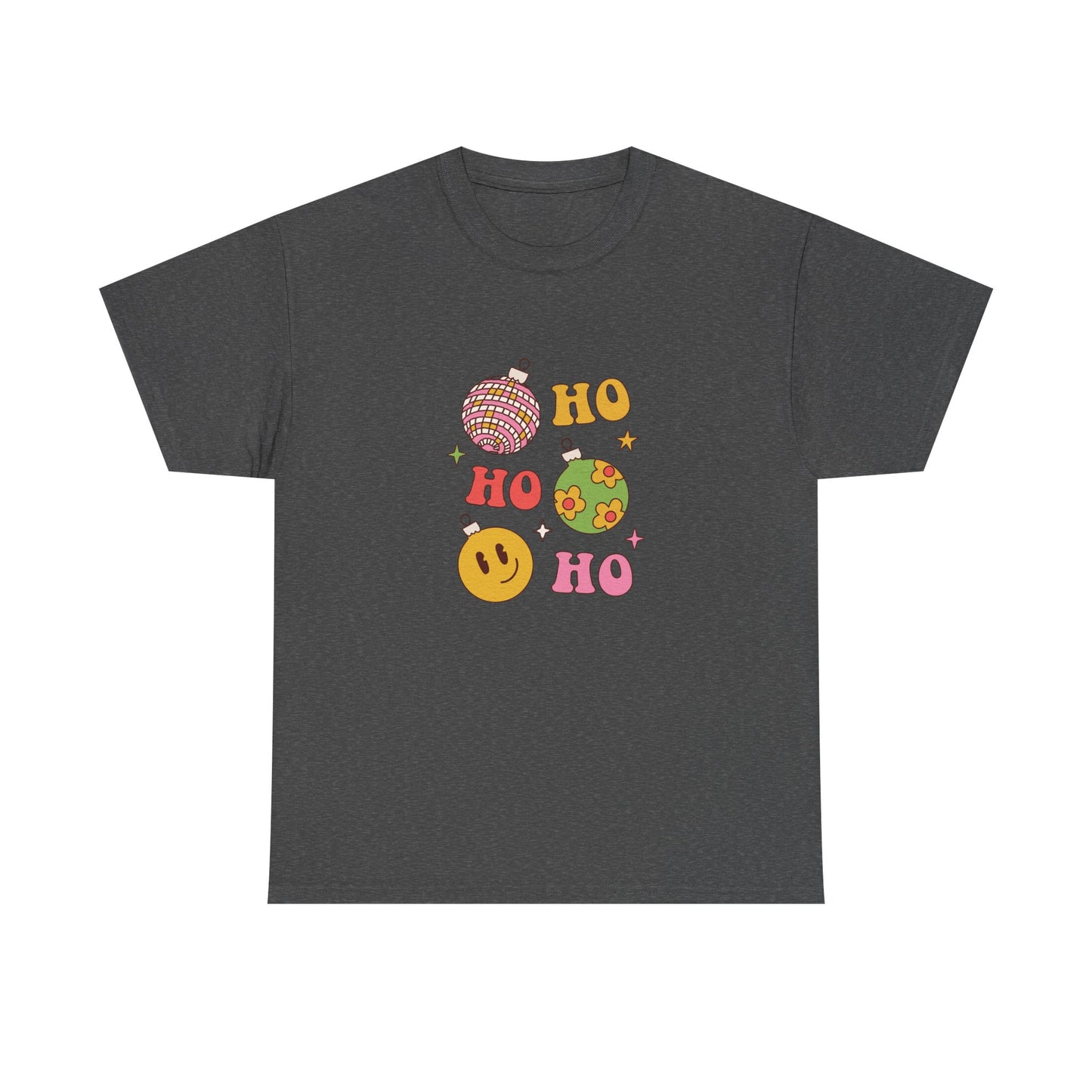 Holiday Ho Ho Ho Graphic Tee — Retro Ornaments & Smiley Face Christmas Shirt