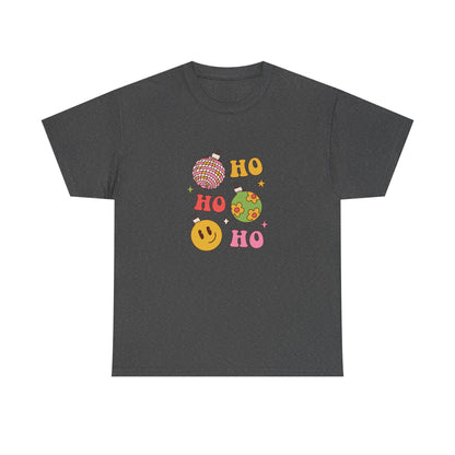 Holiday Ho Ho Ho Graphic Tee — Retro Ornaments & Smiley Face Christmas Shirt