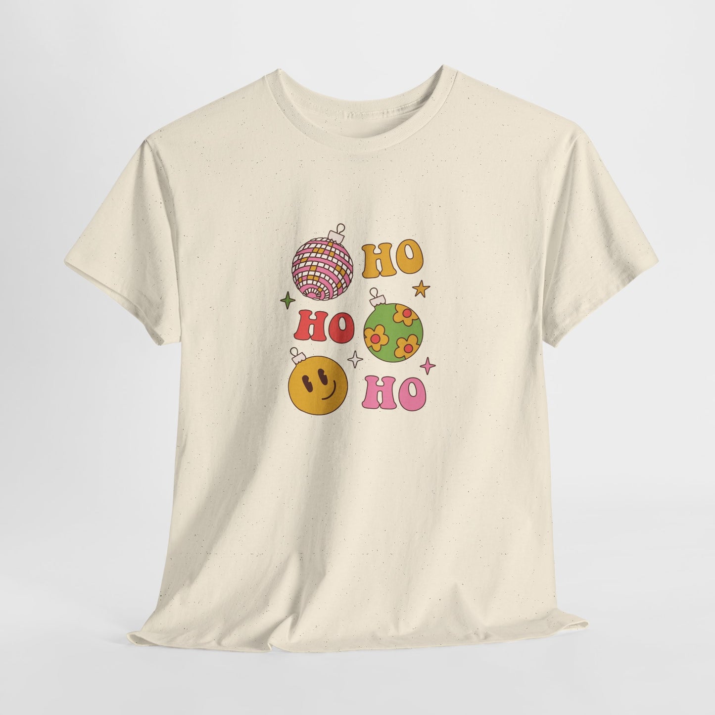 Holiday Ho Ho Ho Graphic Tee — Retro Ornaments & Smiley Face Christmas Shirt
