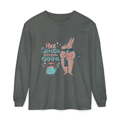 Hey Santa I’ve Been Good Long Sleeve T-Shirt — Cute Bunny Christmas Holiday Top