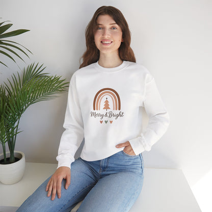 Merry & Bright Christmas Crewneck Sweatshirt — Neutral Rainbow Holiday Sweatshirt
