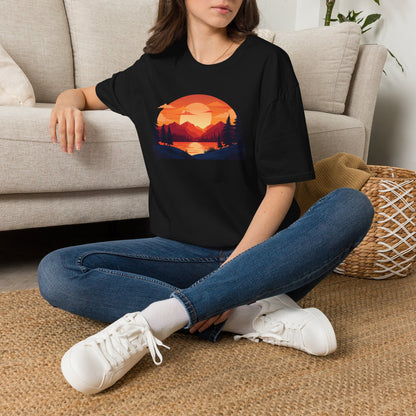 Sunset Mountain Lake T-Shirt — Retro Nature Graphic Tee for Outdoors Lovers