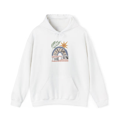 Retro Sunrise Hoodie — "Fire Comes From The Sun" Cozy Sun Graphic Sweatshirt