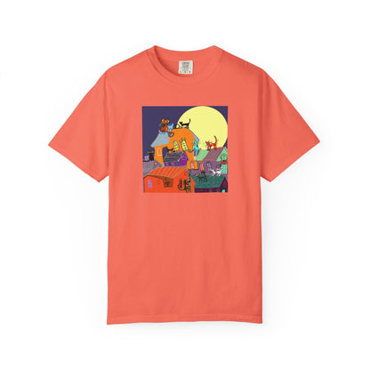 Moonlit Canine Adventure T-Shirt, Unisex Dog Lover Tee, Garment-Dyed Graphic Top, Pet-Themed Gift, Casual Wear