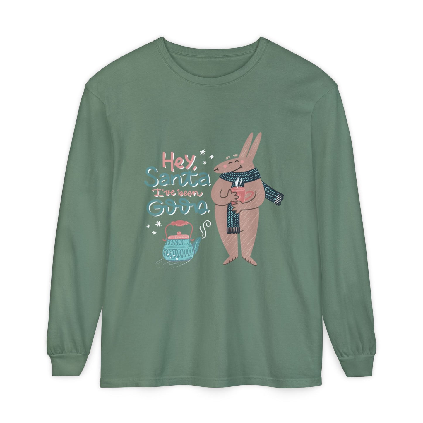 Hey Santa I’ve Been Good Long Sleeve T-Shirt — Cute Bunny Christmas Holiday Top