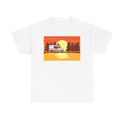 Retro Sunset Camper Unisex Heavy Cotton Tee, Vintage T-Shirt, Camping Apparel, Summer Shirt, Gift for Travel Lovers - MaisonThreadory