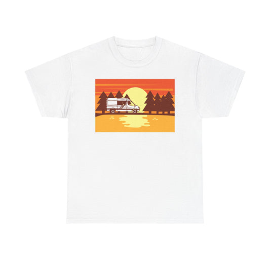 Retro Sunset Camper Unisex Heavy Cotton Tee, Vintage T-Shirt, Camping Apparel, Summer Shirt, Gift for Travel Lovers - MaisonThreadory