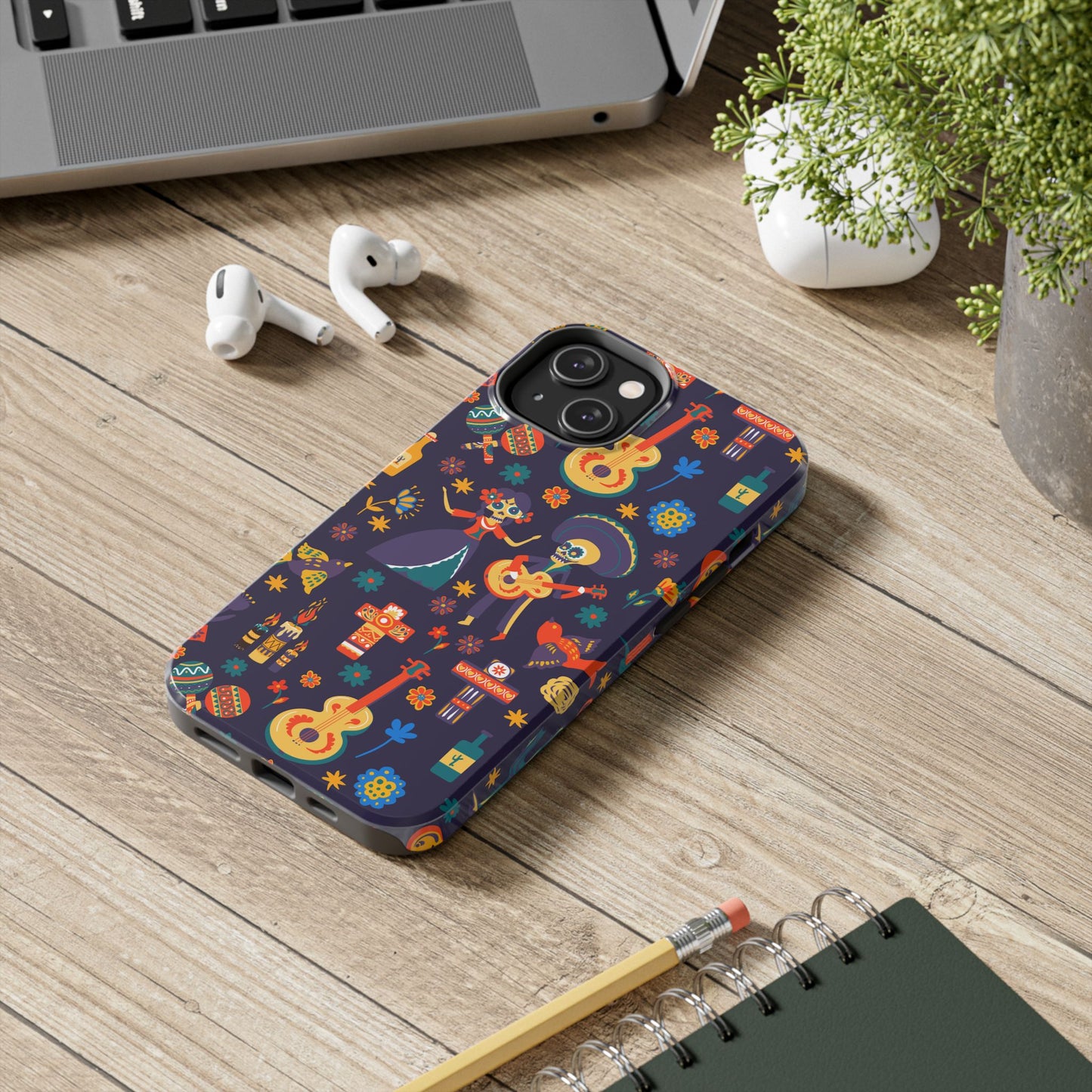 Colorful Dia de los Muertos Phone Case, Tough Case for Halloween, Gift for Music Lovers, Floral Phone Cover, Sugar Skull Art