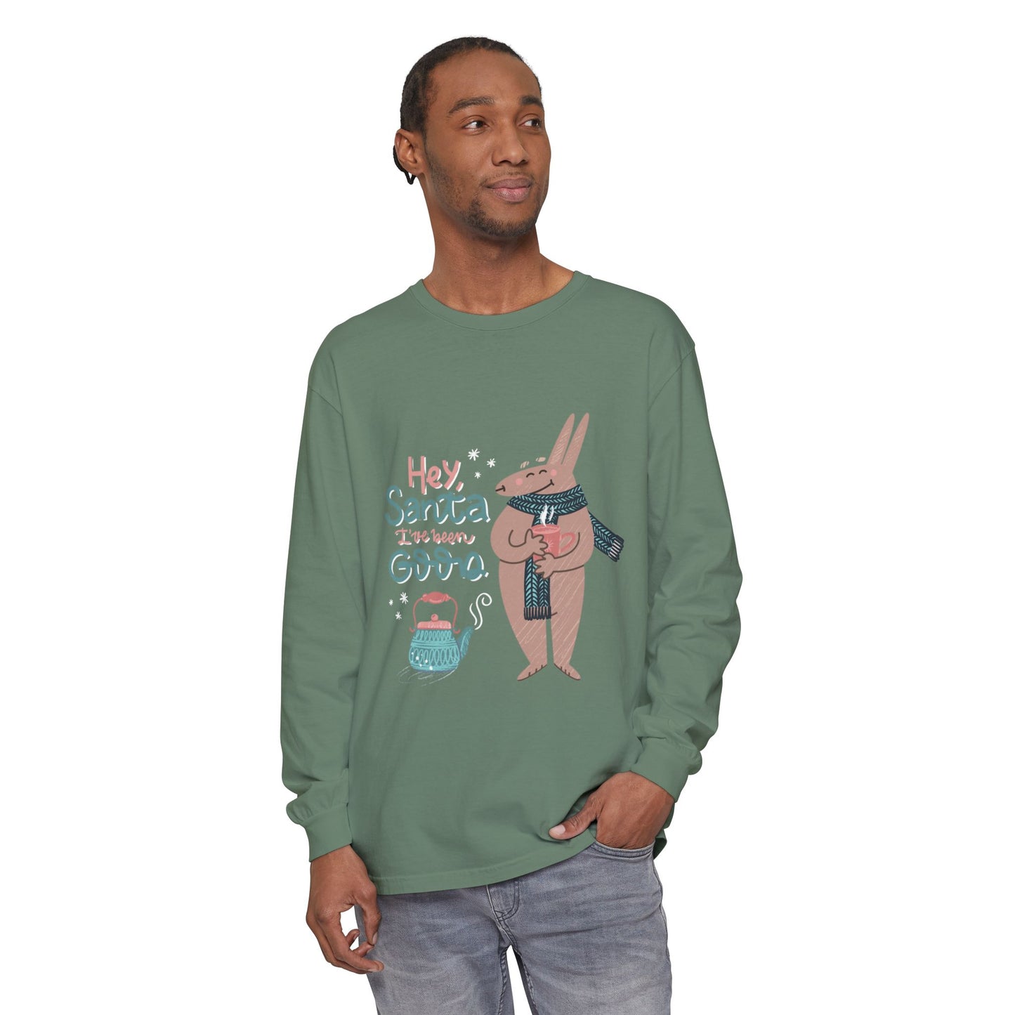 Hey Santa I’ve Been Good Long Sleeve T-Shirt — Cute Bunny Christmas Holiday Top
