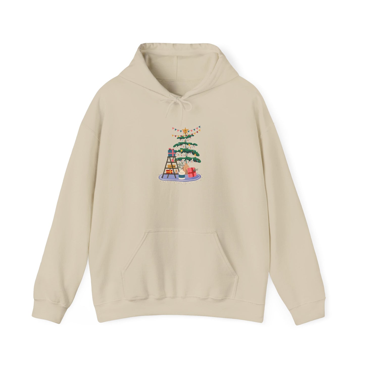 Christmas Tree Decorating Hoodie — Cozy Holiday Scene with Presents & String Lights