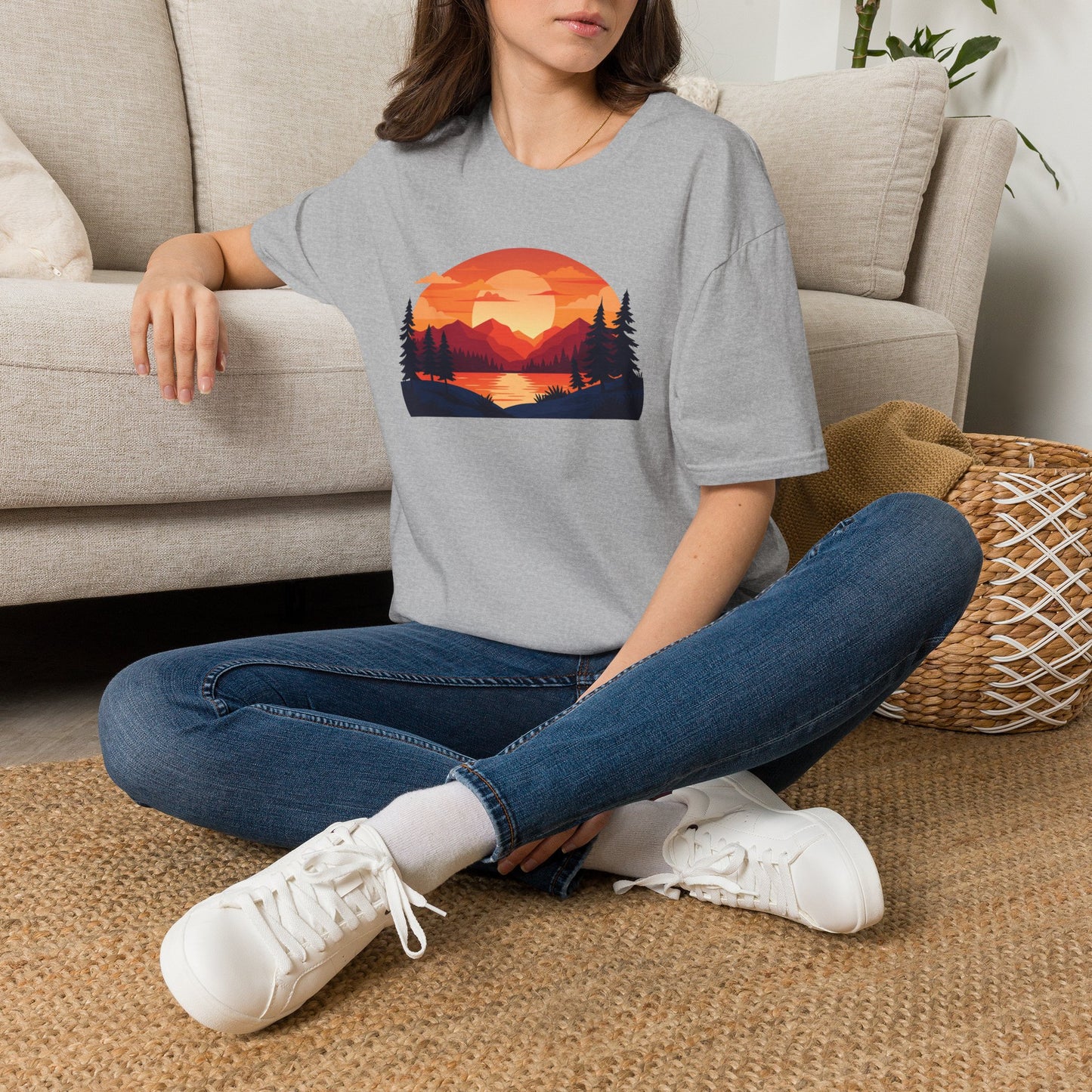 Sunset Mountain Lake T-Shirt — Retro Nature Graphic Tee for Outdoors Lovers