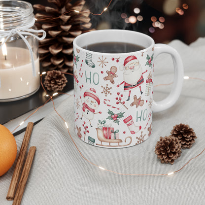 Christmas Pattern Mug — Festive Santa & Snowman 11oz Holiday Coffee Cup