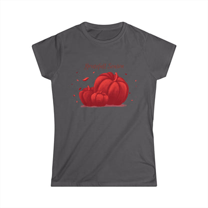 Thankful Season Women's Softstyle Tee, Fall T-Shirt, Thanksgiving Apparel, Pumpkin Graphic Tee, Autumn Outfit - MaisonThreadory