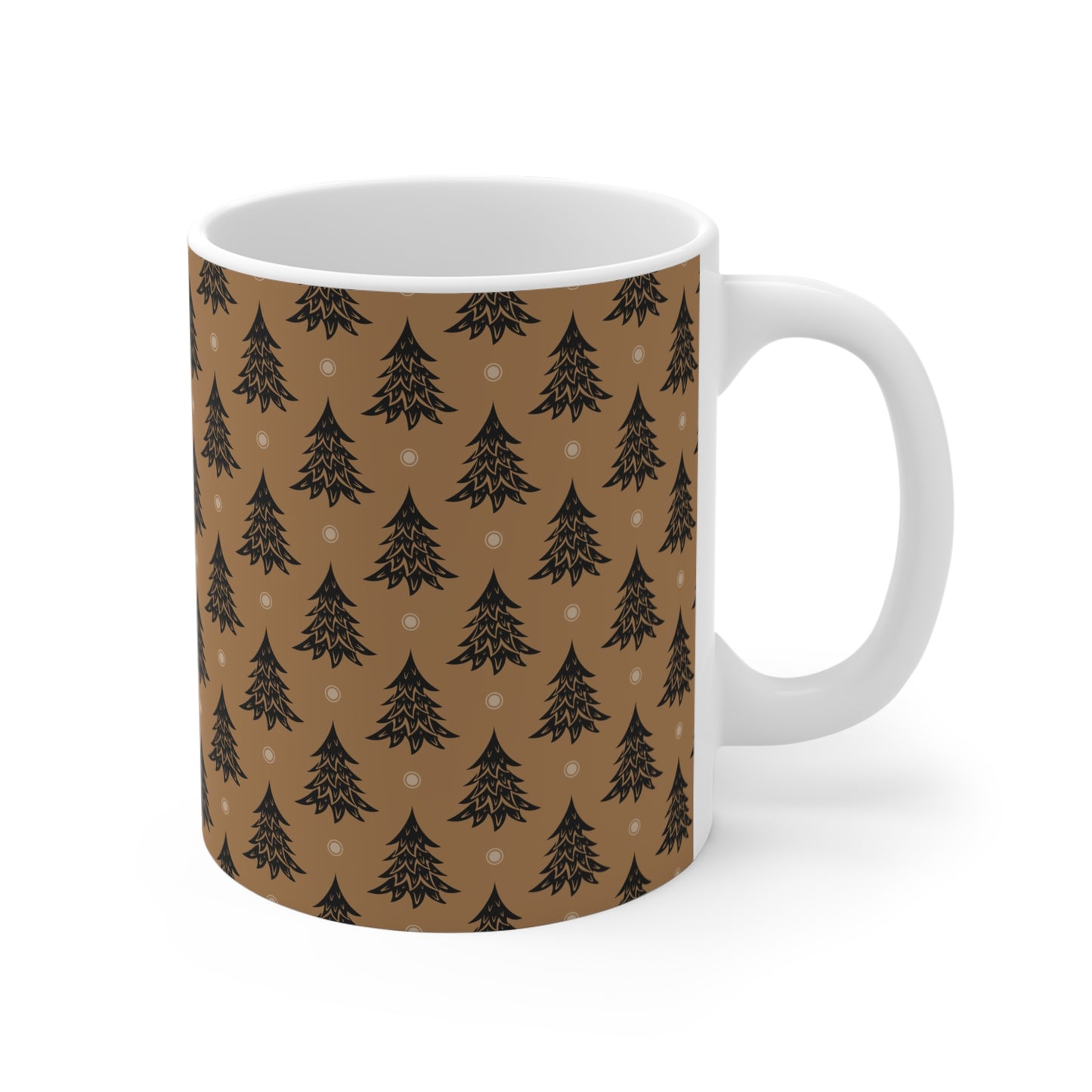 Christmas Tree Pattern Ceramic Mug — Rustic Brown Holiday Coffee Cup (11oz)