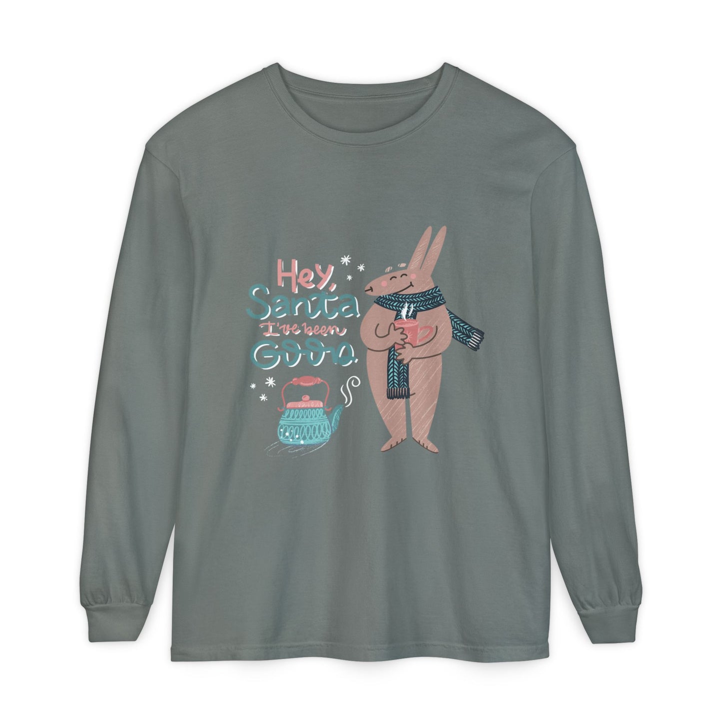 Hey Santa I’ve Been Good Long Sleeve T-Shirt — Cute Bunny Christmas Holiday Top