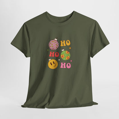 Holiday Ho Ho Ho Graphic Tee — Retro Ornaments & Smiley Face Christmas Shirt