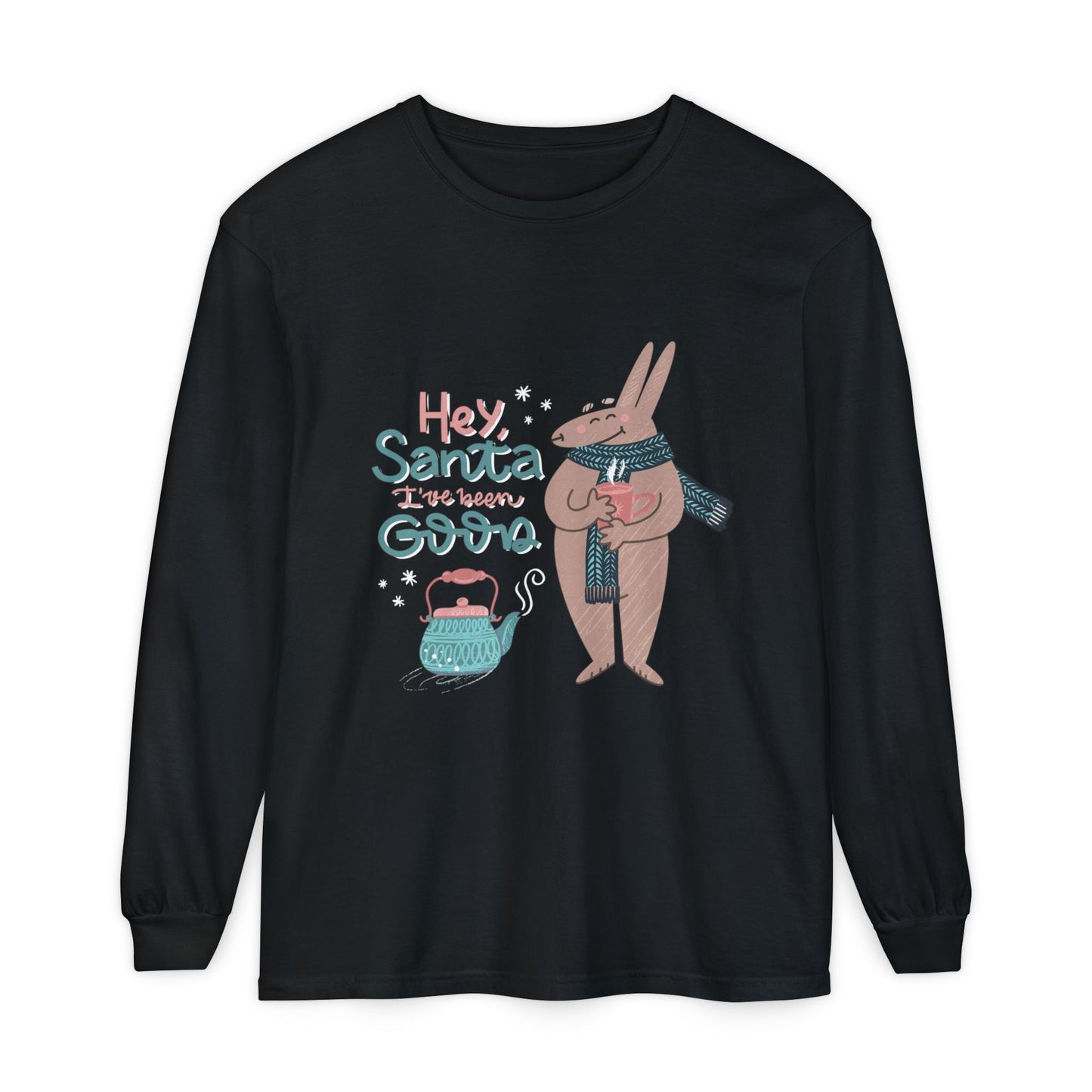 Hey Santa I’ve Been Good Long Sleeve T-Shirt — Cute Bunny Christmas Holiday Top