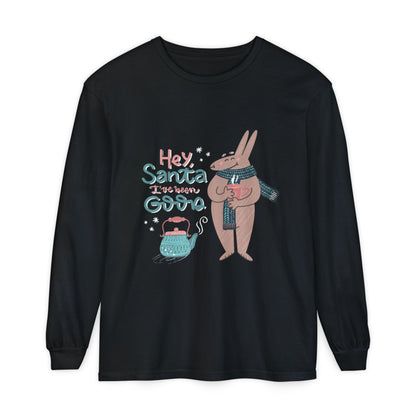 Hey Santa I’ve Been Good Long Sleeve T-Shirt — Cute Bunny Christmas Holiday Top