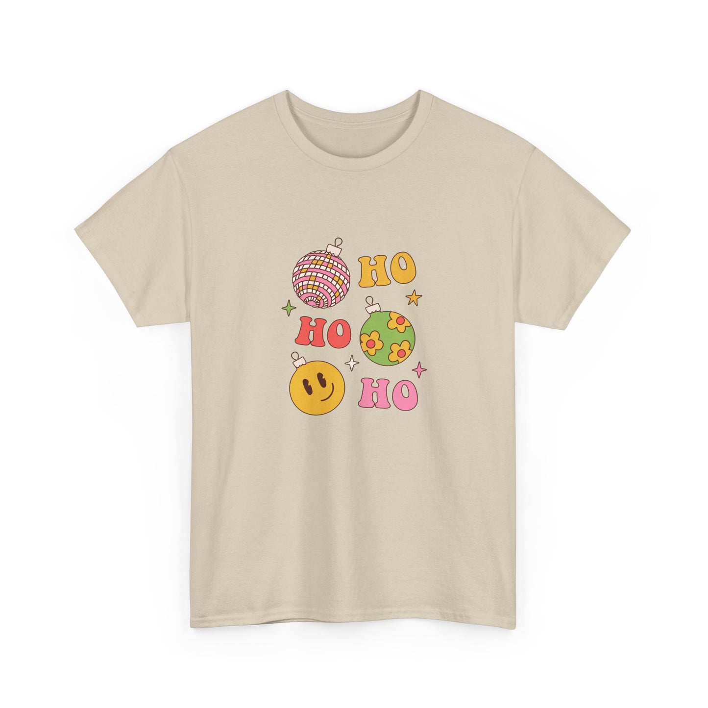 Holiday Ho Ho Ho Graphic Tee — Retro Ornaments & Smiley Face Christmas Shirt