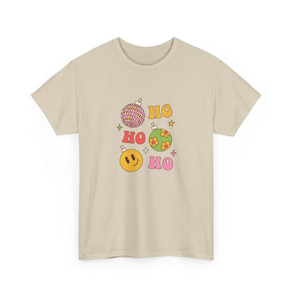 Holiday Ho Ho Ho Graphic Tee — Retro Ornaments & Smiley Face Christmas Shirt