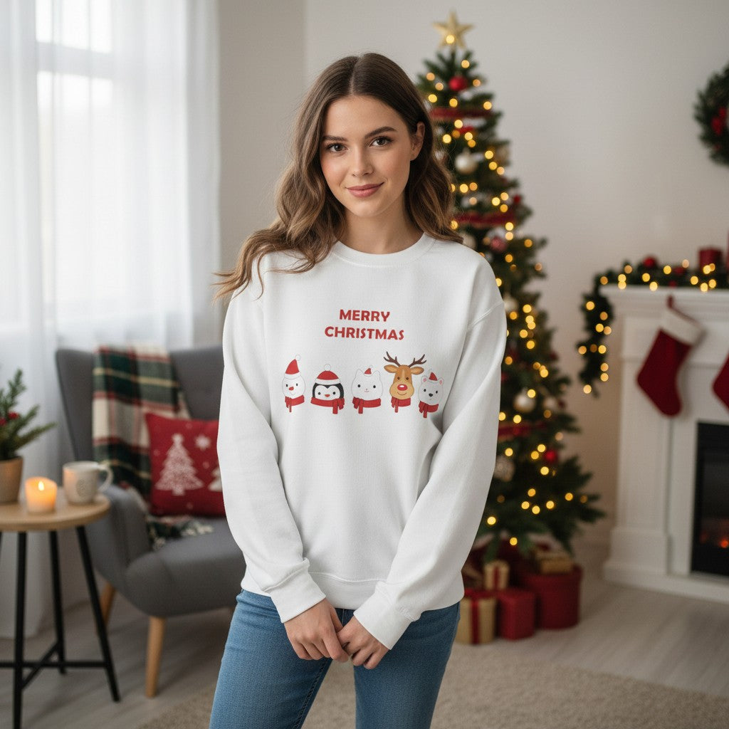 Christmas Crewneck Sweatshirt – Cute Santa, Penguin & Reindeer "Merry Christmas" Design