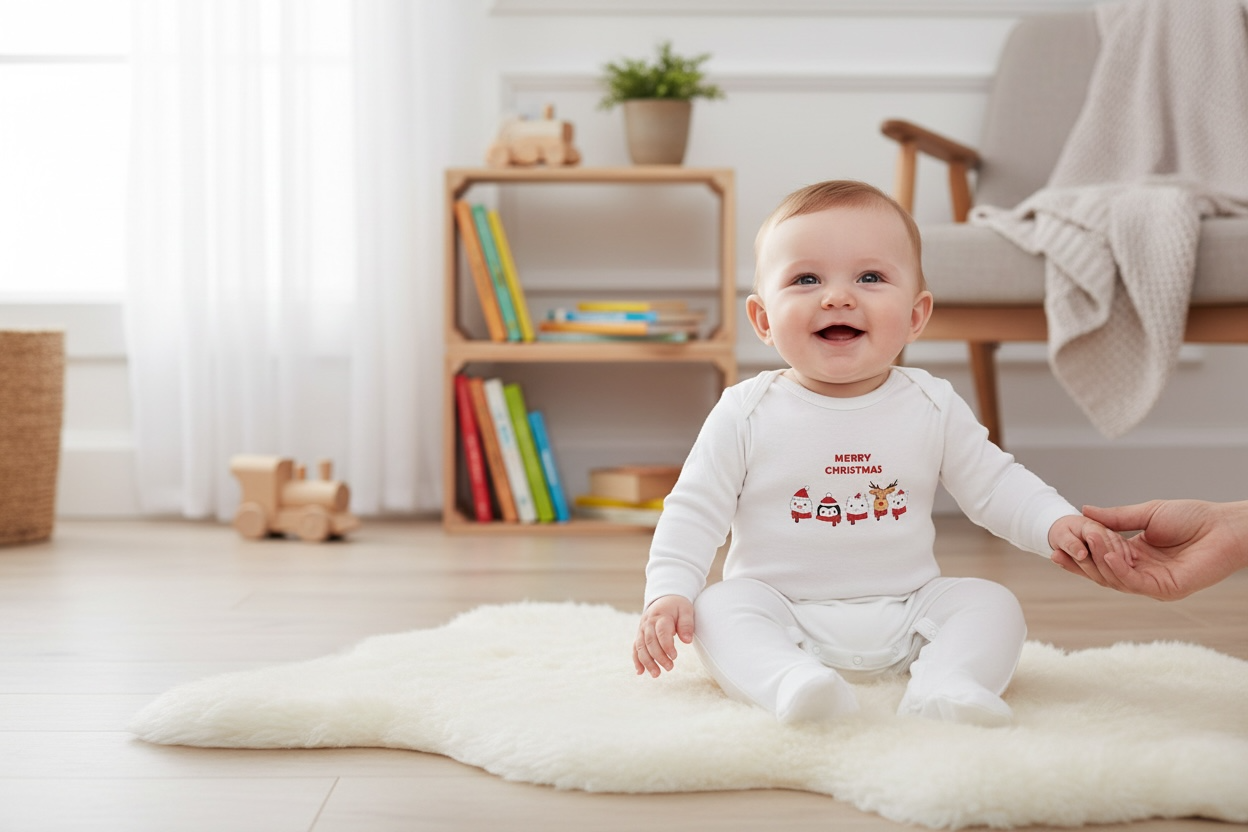 Infant Christmas Bodysuit - 'Merry Christmas' Cute Santa & Reindeer Long Sleeve Romper