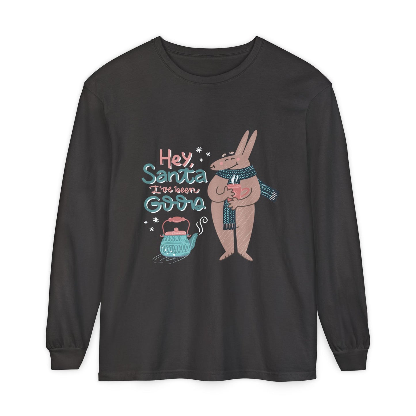 Hey Santa I’ve Been Good Long Sleeve T-Shirt — Cute Bunny Christmas Holiday Top